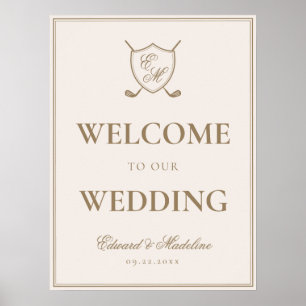 Póster Bienvenida Boda de golf elegante Escudo Monograma