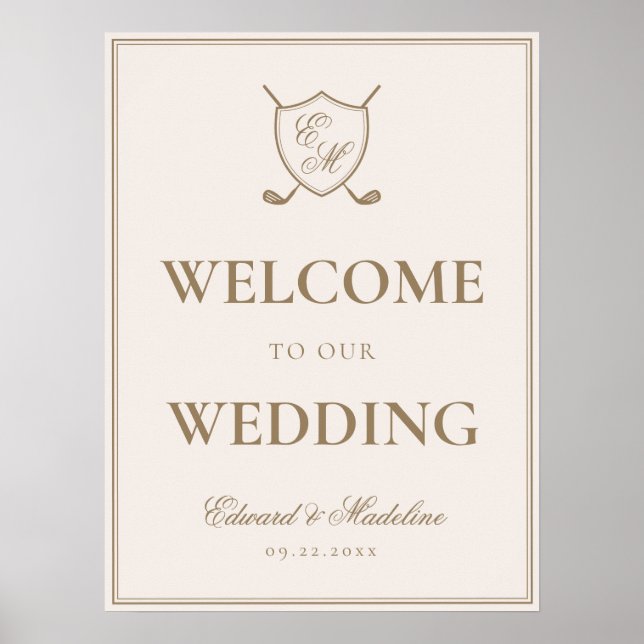 Póster Bienvenida Boda de golf elegante Escudo Monograma (Frente)