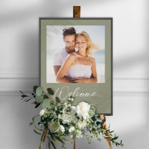 Póster Bienvenida Boda de hojas tropicales de palmeras bo