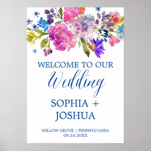 Póster Bienvenida Boda de las Flores de Agua Púrpura y Ro