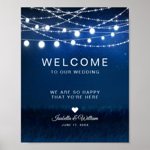 Póster Bienvenida Boda de luces de cadena azul nocturna y