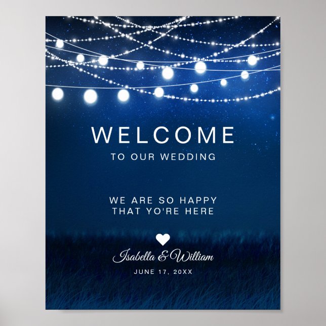 Póster Bienvenida Boda de luces de cadena azul nocturna y (Frente)