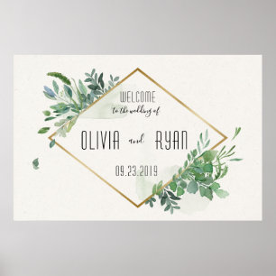 Póster Bienvenida Boda de marco de verde dorado