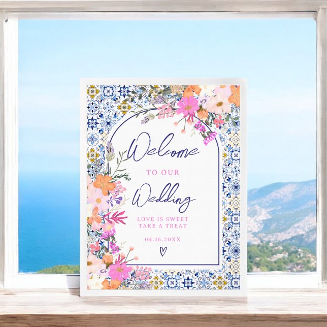 Póster Bienvenida boda de moda floral azules de Italia (Italian blue tile floral chic wedding welcome poster)