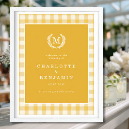 Póster Bienvenida Boda de Monograma de Gingham amarillo