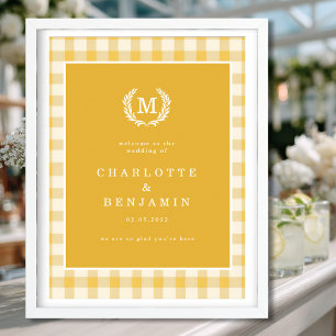 Póster Bienvenida Boda de Monograma de Gingham amarillo