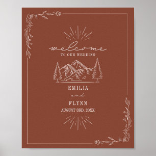 Póster Bienvenida Boda de Mountains Line Art Terracotta