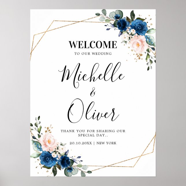 Póster Bienvenida Boda de Navy Blue Rubor Pink Florals (Frente)
