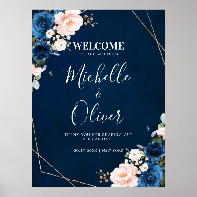Póster Bienvenida Boda de Navy Blue Rubor Pink Florals (Frente)