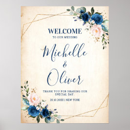 Póster Bienvenida Boda de Navy Blue Rubor Pink Florals