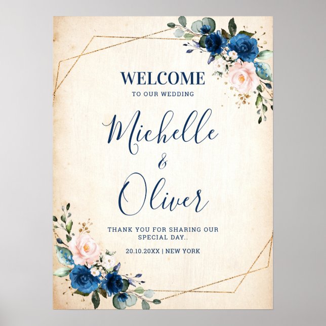Póster Bienvenida Boda de Navy Blue Rubor Pink Florals (Frente)