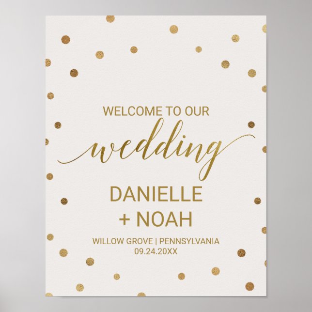 Póster Bienvenida Boda de puntos de polka dorados (Frente)