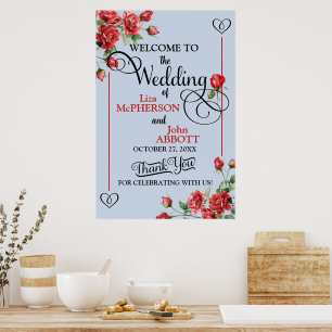 Póster Bienvenida Boda de Rosas Rojas Florales bonitos
