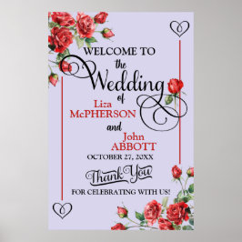 Póster Bienvenida Boda de Rosas Rojas Florales bonitos