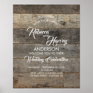 Póster bienvenida boda del granero de madera del país occ