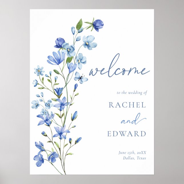 Póster Bienvenida Boda Dusty Blue Floral (Frente)
