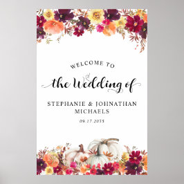 Póster Bienvenida Boda elegante de calabaza floral otoño