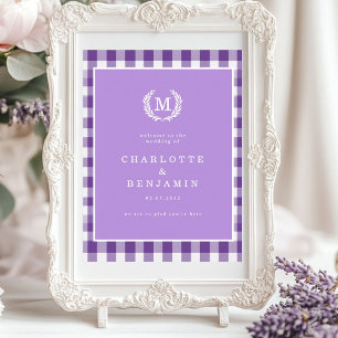 Póster Bienvenida Boda Escudo Monograma de Purple Gingham