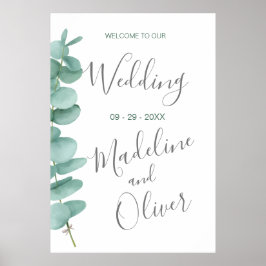 Póster Bienvenida boda Eucalyptus deja verde simple