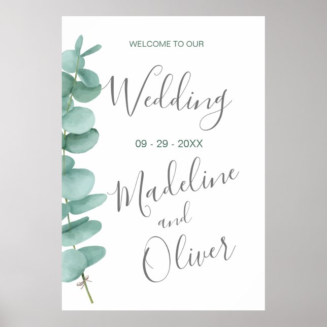 Póster Bienvenida boda Eucalyptus deja verde simple (Frente)