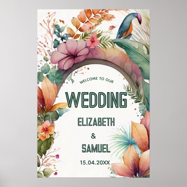 Póster Bienvenida Boda exótico del Arco de Flores Tropica (Frente)