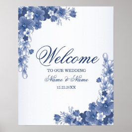 Póster Bienvenida Boda Floral Azul Rústico Elegante