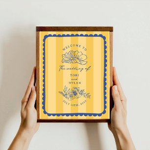 Póster Bienvenida Boda Floral Blue Border Stripe