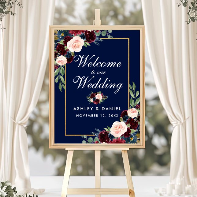 Póster Bienvenida Boda Floral Blue Burgundy Gold (Customize to change text size, text style, background color or size of poster.)