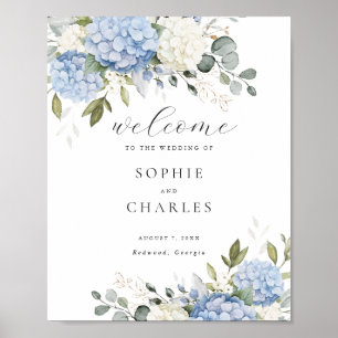 Póster Bienvenida Boda Floral Blue Hydrangea Greenery