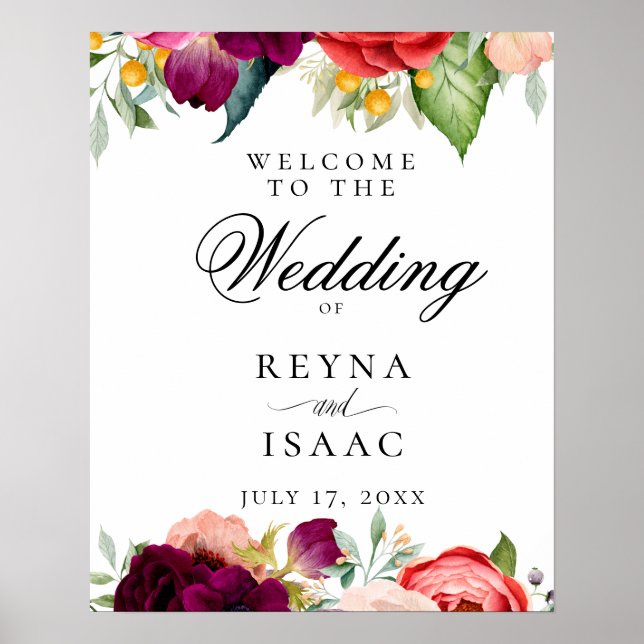 Póster Bienvenida Boda floral bohemio (Frente)