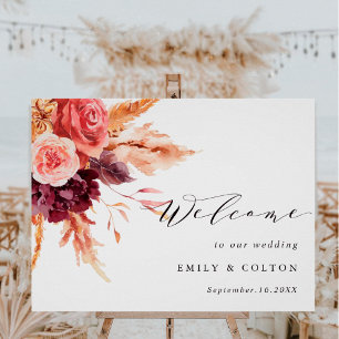 Póster Bienvenida Boda Floral Boho Burgundy Terracotta
