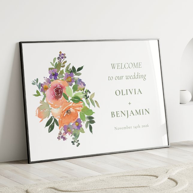Póster Bienvenida Boda Floral Boho Purple Naranja (Subido por el creador)