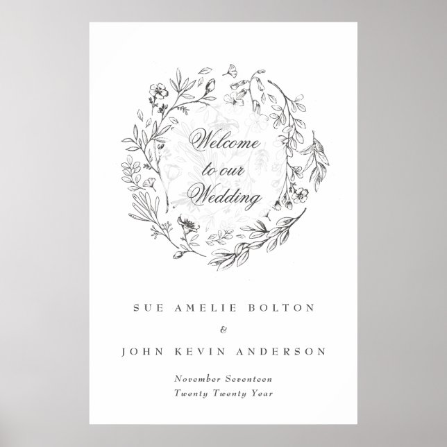 Póster Bienvenida Boda Floral Botánica Clásica (Frente)