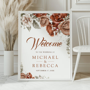 Póster Bienvenida Boda Floral de Terracotta Naranja quema