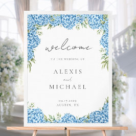 Póster Bienvenida Boda Floral Elegante Blue Hydrangea