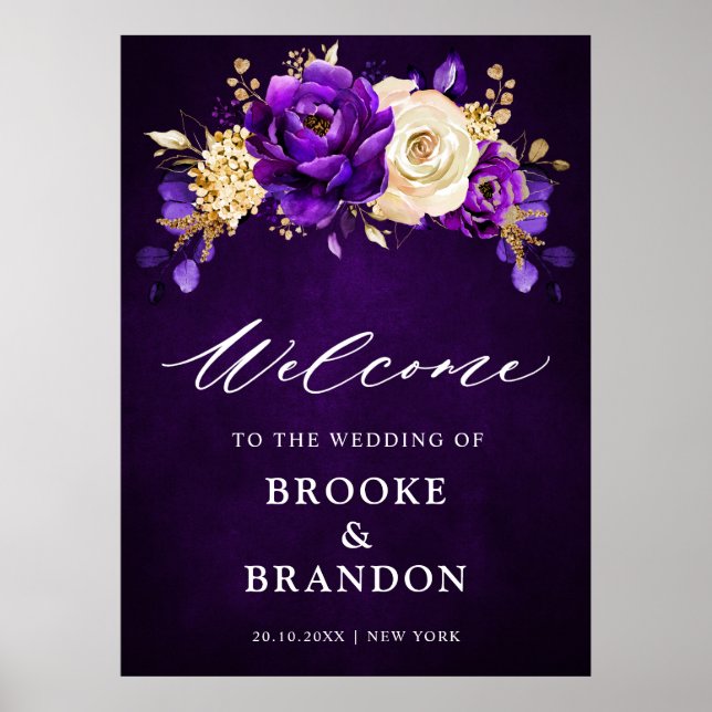 Póster Bienvenida Boda Floral Royal Purple Violet Gold (Frente)
