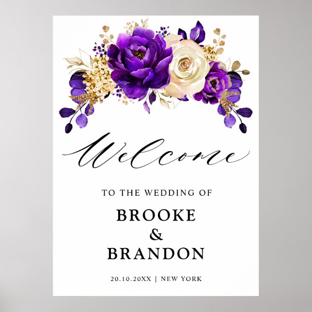 Póster Bienvenida Boda floral Royal Purple Violet Gold (Frente)