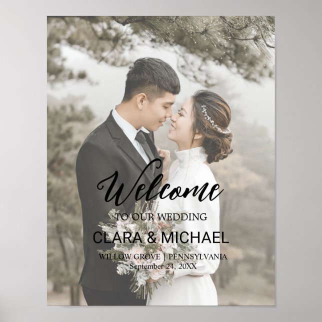 Póster Bienvenida boda foto desvanecida caligrafía de mod (Frente)