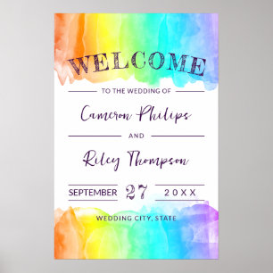Póster Bienvenida boda LGBTQ Splash acuarela arcoíris
