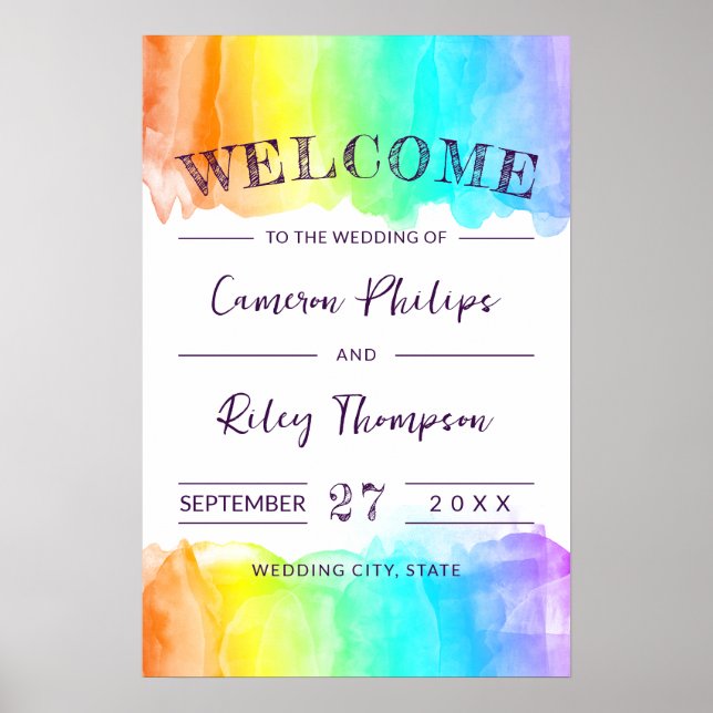 Póster Bienvenida boda LGBTQ Splash acuarela arcoíris (Frente)