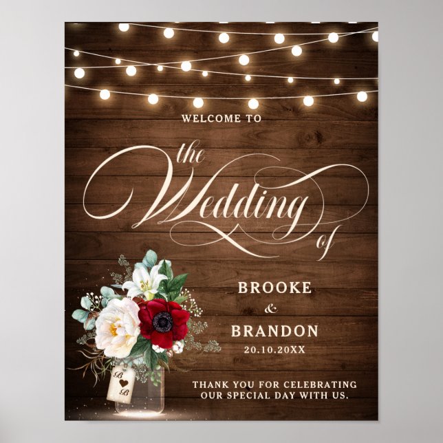 Póster Bienvenida Boda Mason Jar, floral de borgoña rusa (Frente)