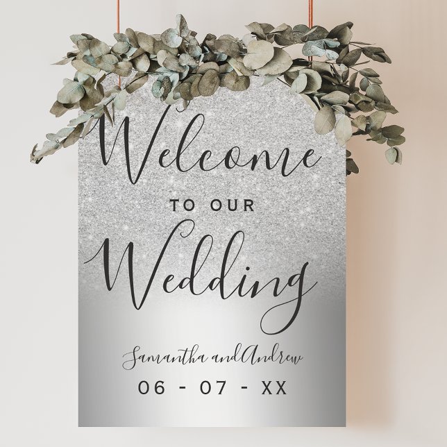 Póster Bienvenida boda metalúrgico oscuro purpurina plate (Silver glitter ombre metallic wedding welcome poster)