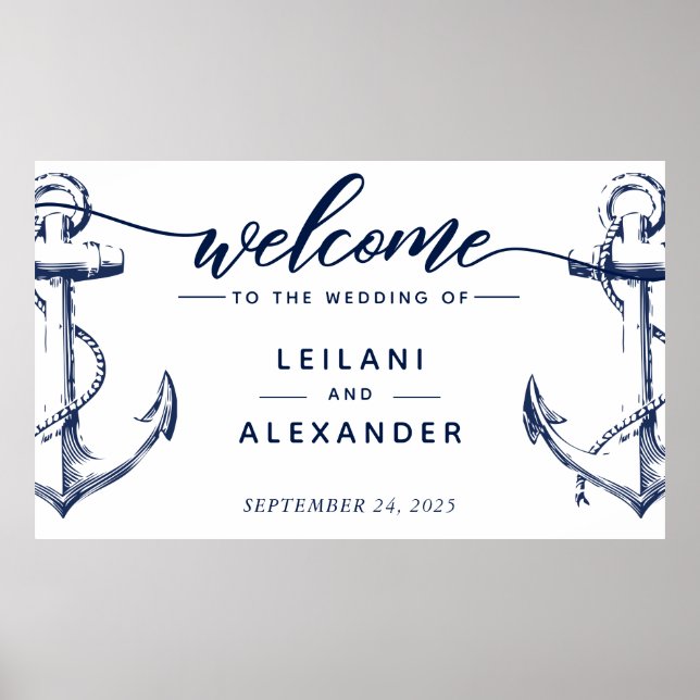 Póster Bienvenida Boda Nautico Anchor White (Frente)