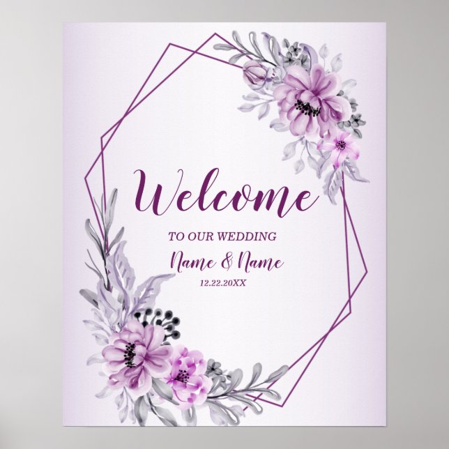 Póster Bienvenida Boda Partido Floral Rosa Violeta Púrpur (Frente)