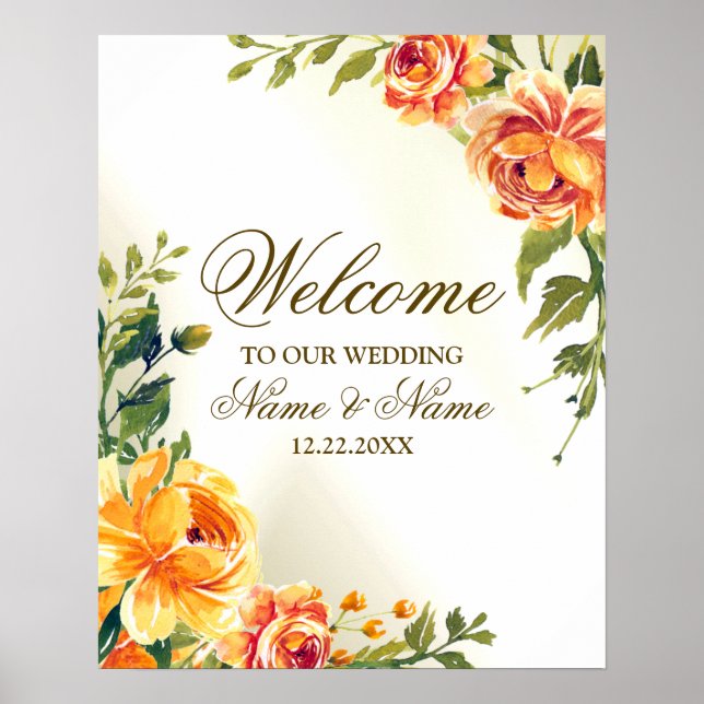 Póster Bienvenida Boda Partido Naranja Amarillo Rojo Flor (Frente)