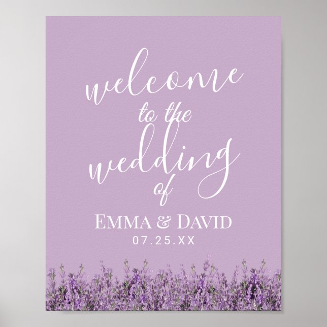 Póster Bienvenida Boda Purple Elegante Floral Lavender (Frente)