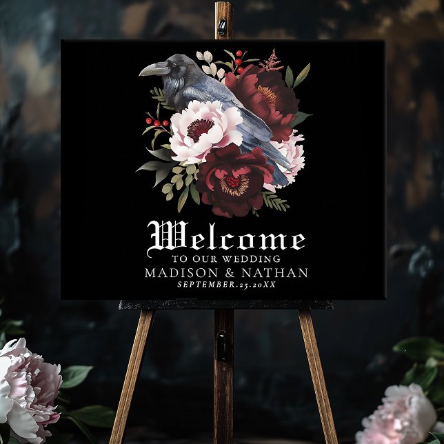 Póster Bienvenida Boda Romántico Gótico Watercolor Raven (Subido por el creador)
