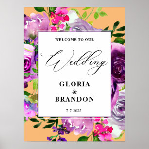 Póster Bienvenida Boda romántico morado floral