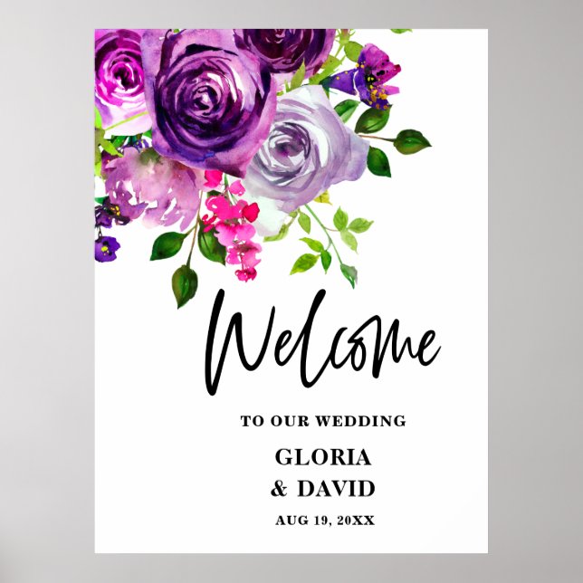 Póster Bienvenida Boda romántico morado floral (Frente)