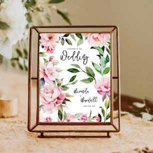 Póster Bienvenida Boda rosa de color de agua Peony Magnol